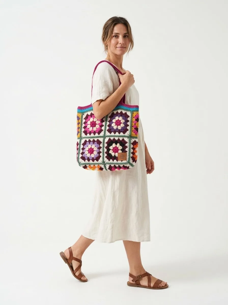 Ilustración con IA: modelo con Bolso Granny Square