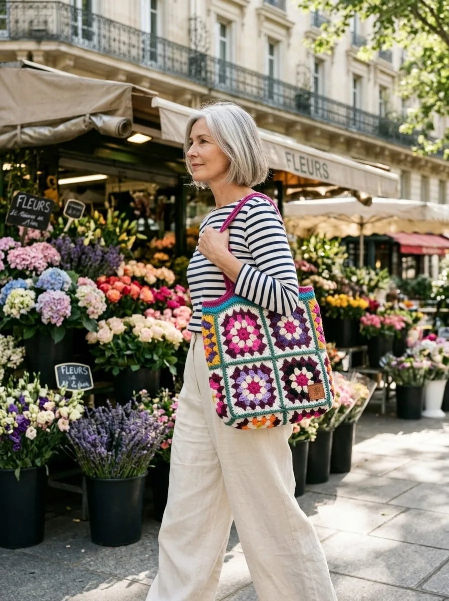 Ilustración con IA: modelo con Bolso Granny Square