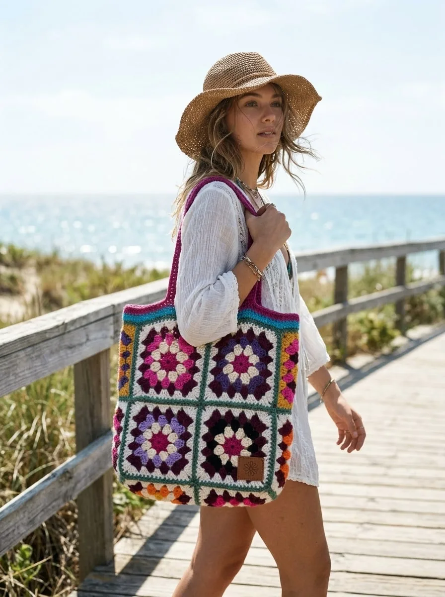 Ilustración con IA: modelo con Bolso Granny Square