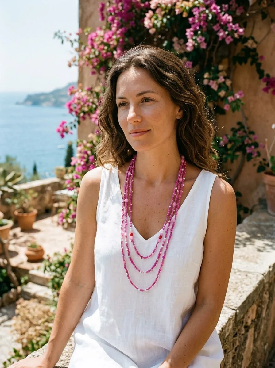 Ilustración con IA: modelo con Collar Rosa Tres Vueltas