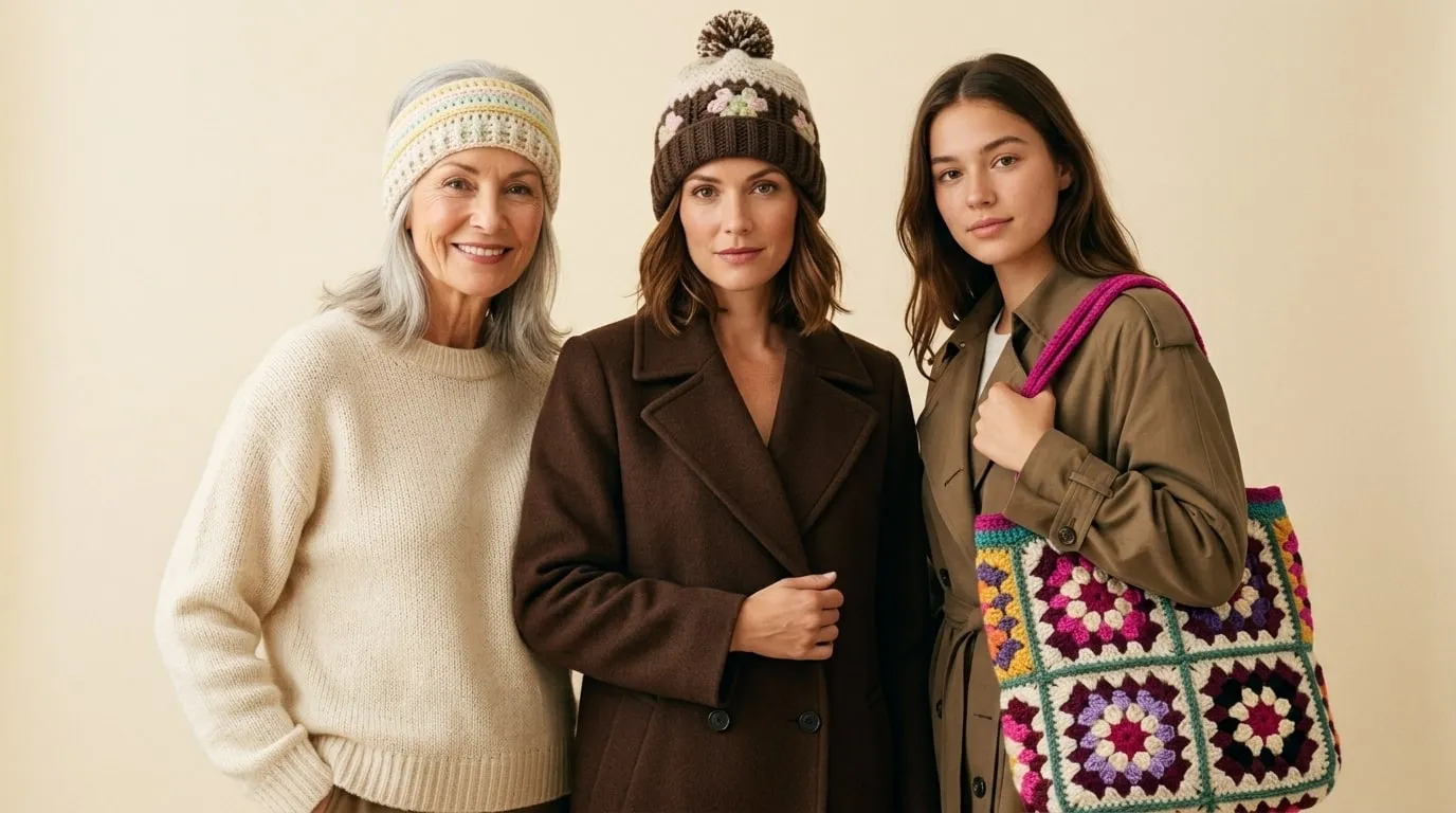Ilustración: tres modelos con la diadema Aurora, el gorro Jardín de la Abuela y el bolso Granny Square sobre fondo crema