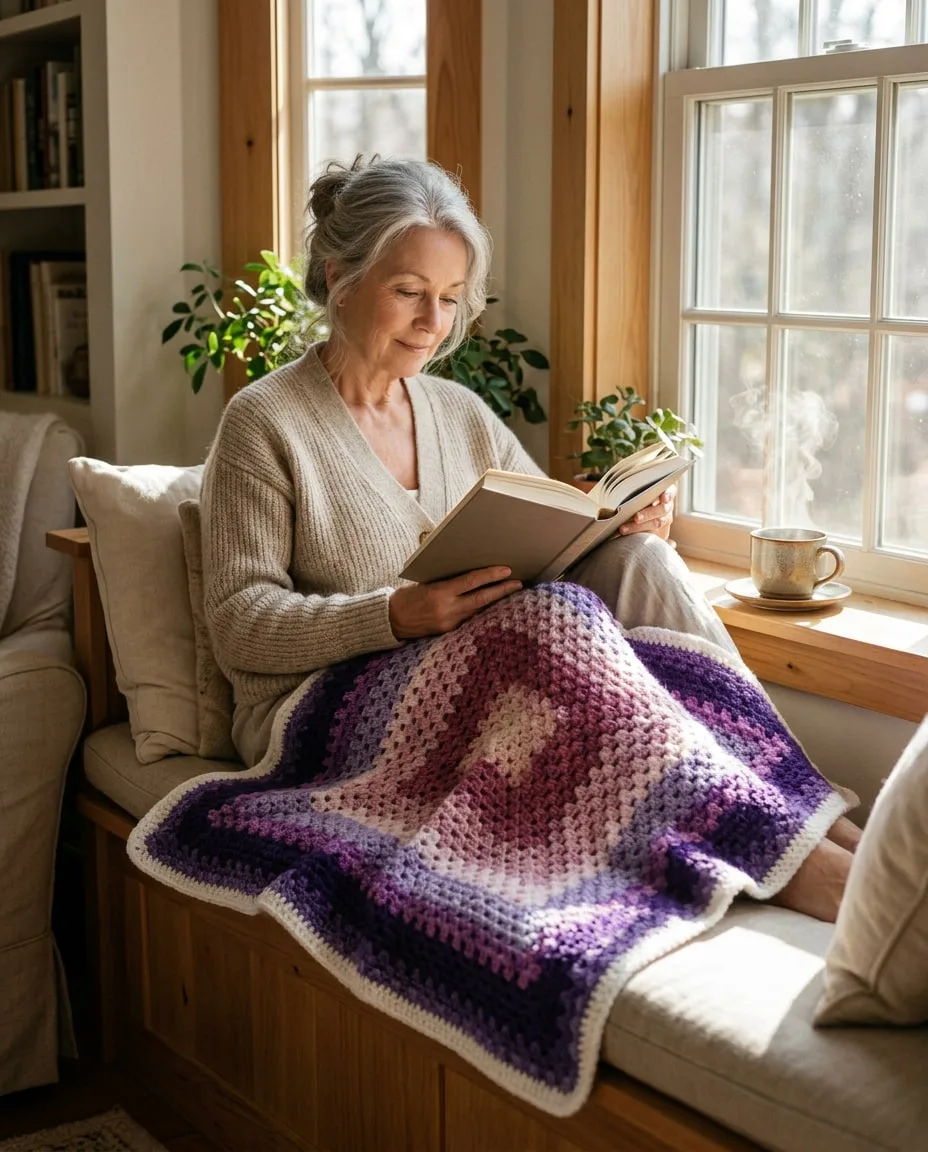Ilustración con IA: modelo con Manta Granny Morada