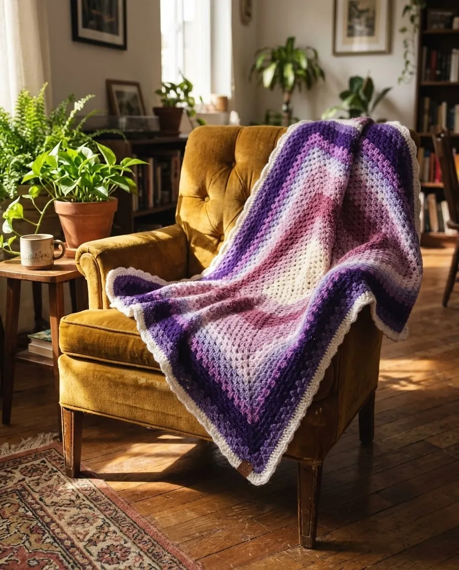 Ilustración con IA: la Manta Granny Morada sobre un sillón de terciopelo mostaza